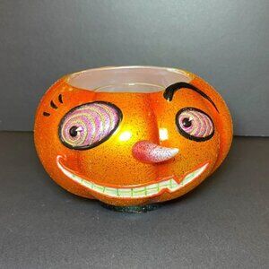 Funny Weird Halloween Pumpkin Tea Light Painted on Glass